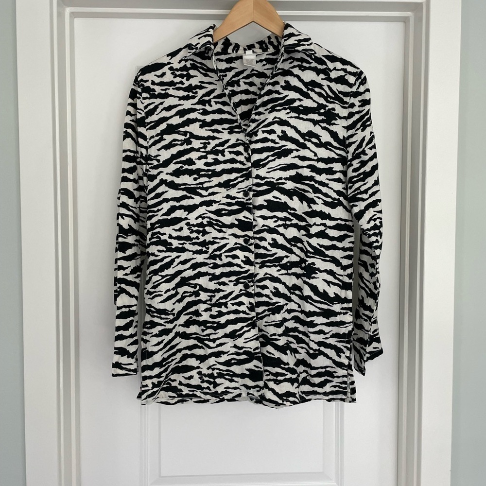 Jones New York 100% Linen Zebra Button Up Shirt Size Small